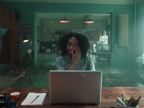 Beat 13: Man at the desk, wet